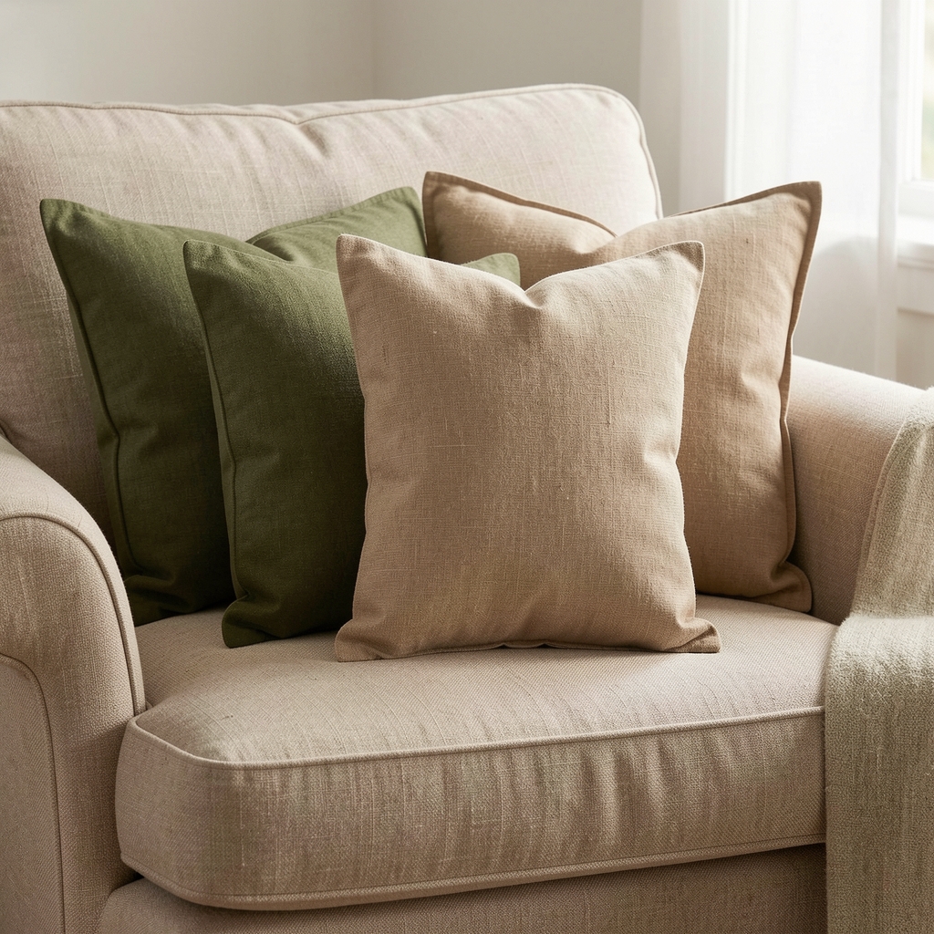 Conjunto de almohadones decorativos cuadrados en verde oliva y arena sobre un sillón de lino