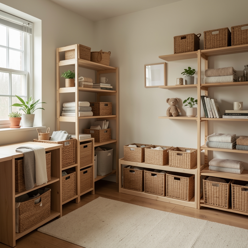 Habitación ordenada con cestas de almacenamiento y estanterías
