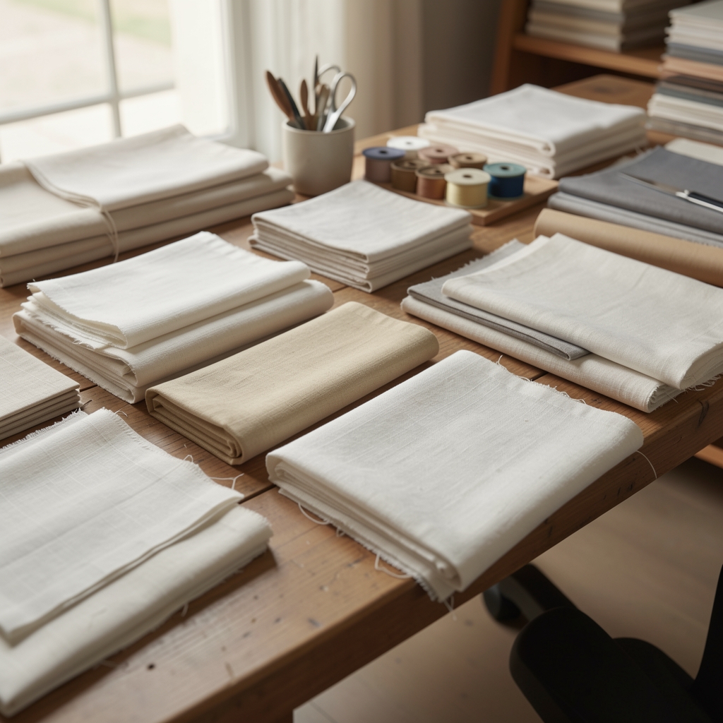Mesa de trabajo con muestras de tela de lino y algodón organizadas para revisión de calidad