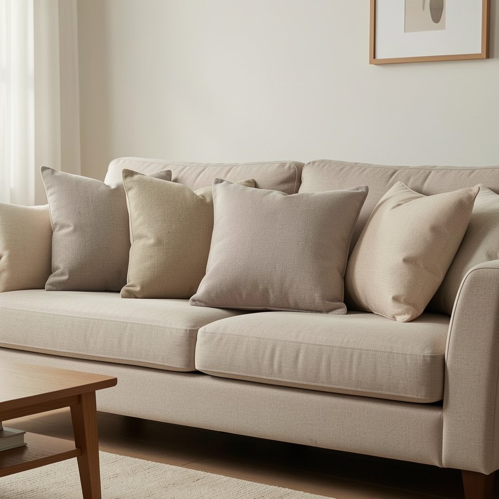 Set de almohadones decorativos en diferentes tonos neutros para sofá